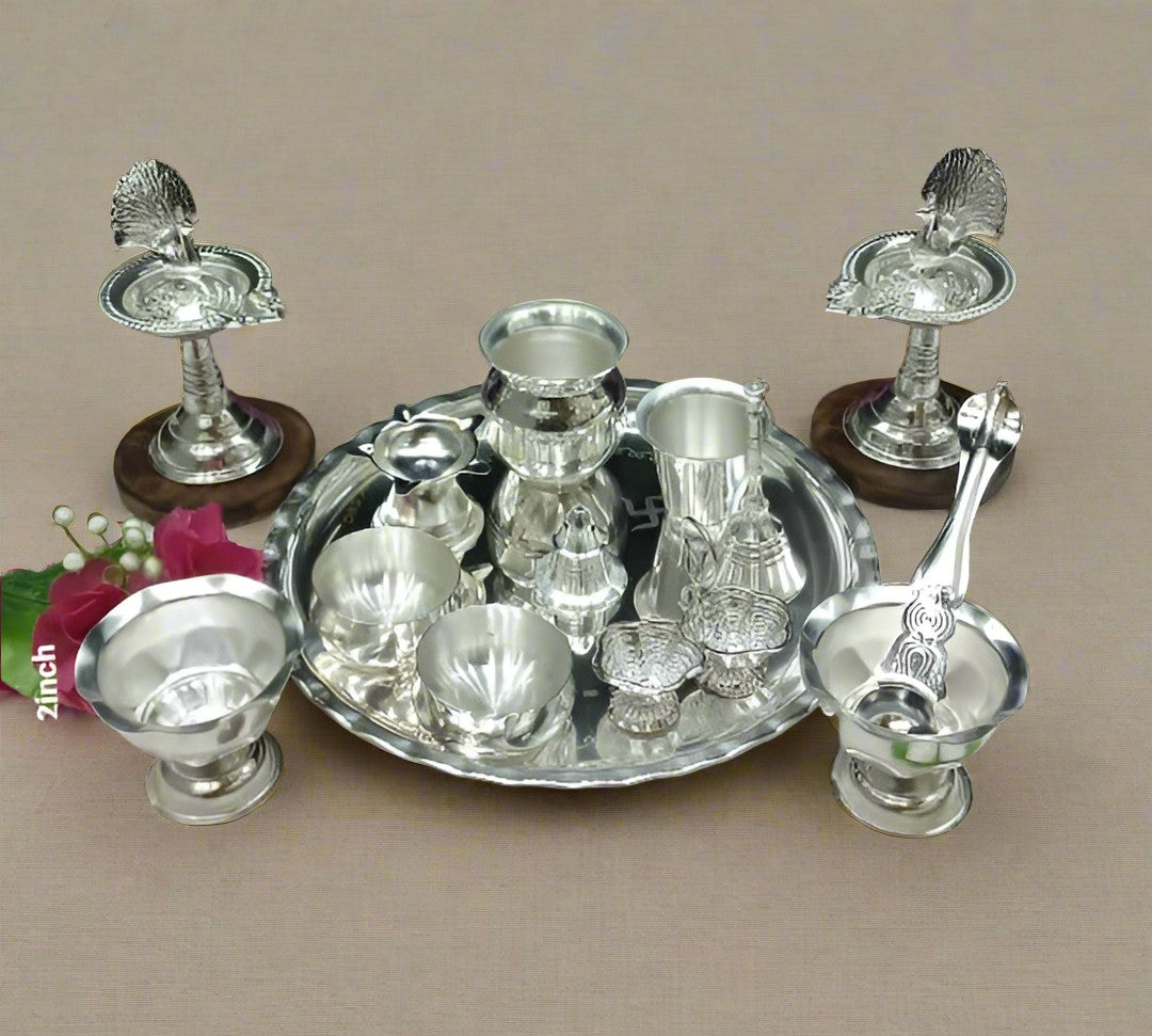 Silver on steel base combo pooja thali set